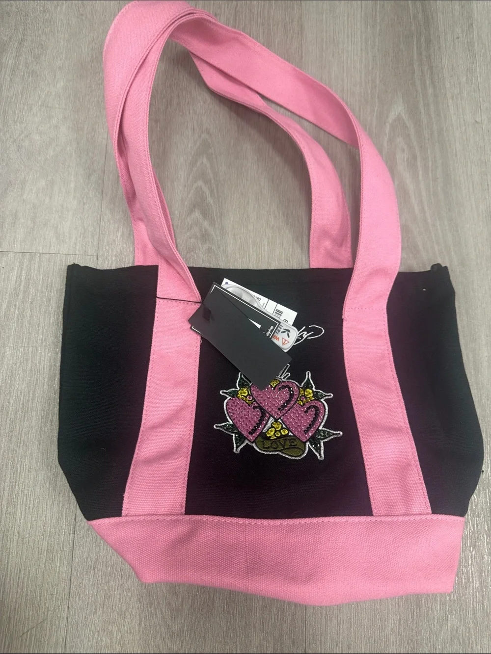 Pink & Black Canvas Tote Bag with Heart Patch